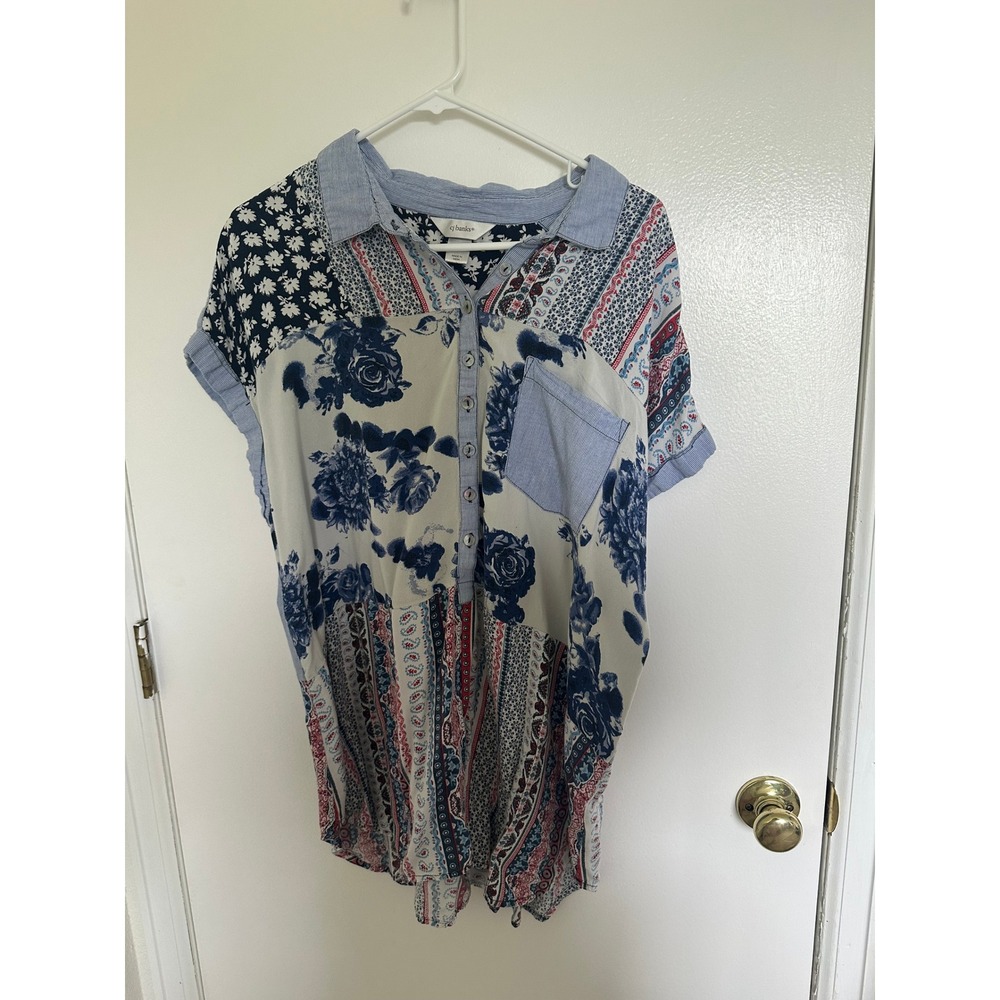 CJ Banks Womens 1X Mixed Media Patchwork Floral Paisley Button Down Shirt Blue
